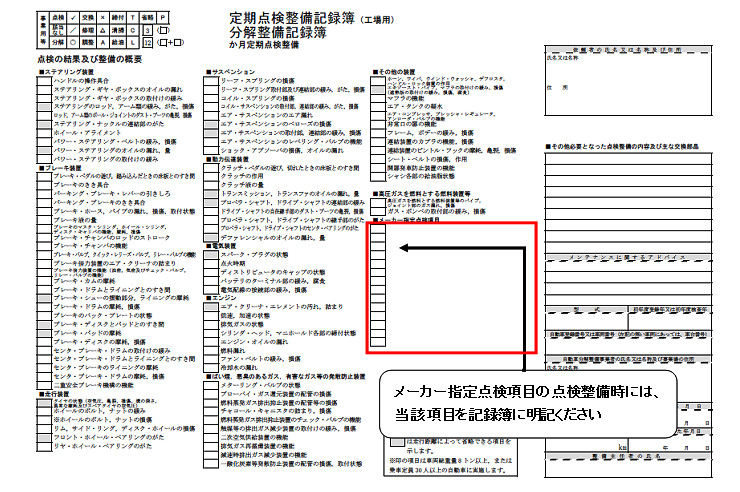車載資料「メンテナンスノート」に記載の定期点検整備記録簿の表示例