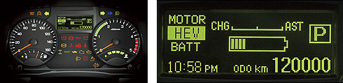 新たにリチウムイオン電池の充電量、モーターの状況(チャージ、アシスト)を表示させる新型メータークラスター