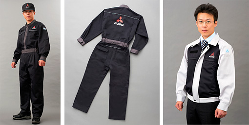 新サービススタッフ用ユニフォーム(左・中央:つなぎ、右:ブルゾン) (モデルはデザインを担当した東北ふそうの社員)