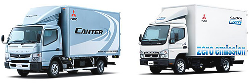 ベース車両となる「キャンター」（左）および　「キャンター E-CELL」モーターショー出品車（右）